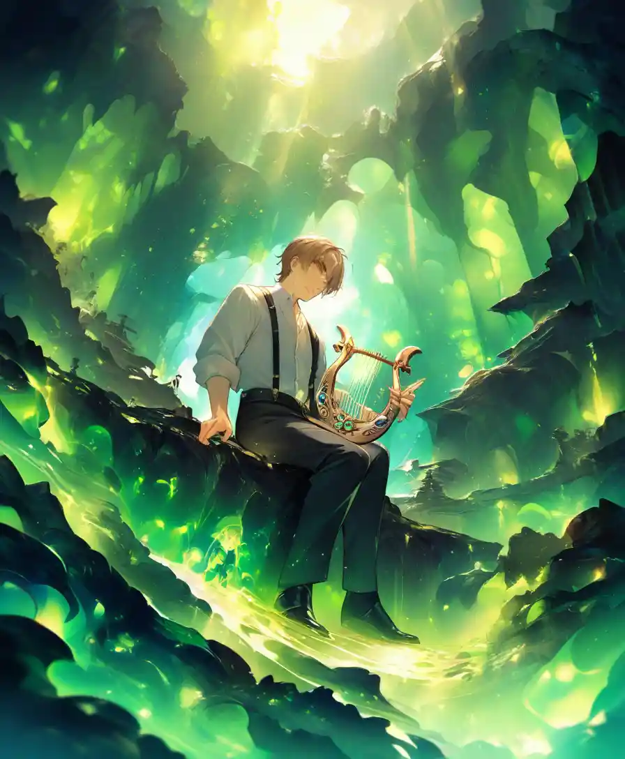 Young man playing a lyre in a glowing green cave