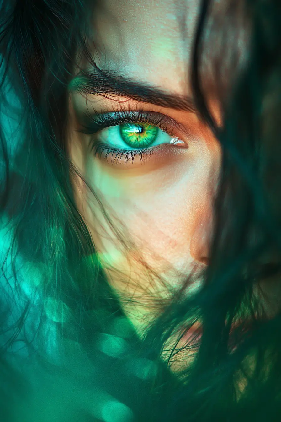 Colorful portrait of a green eyed girl in quiet shame
