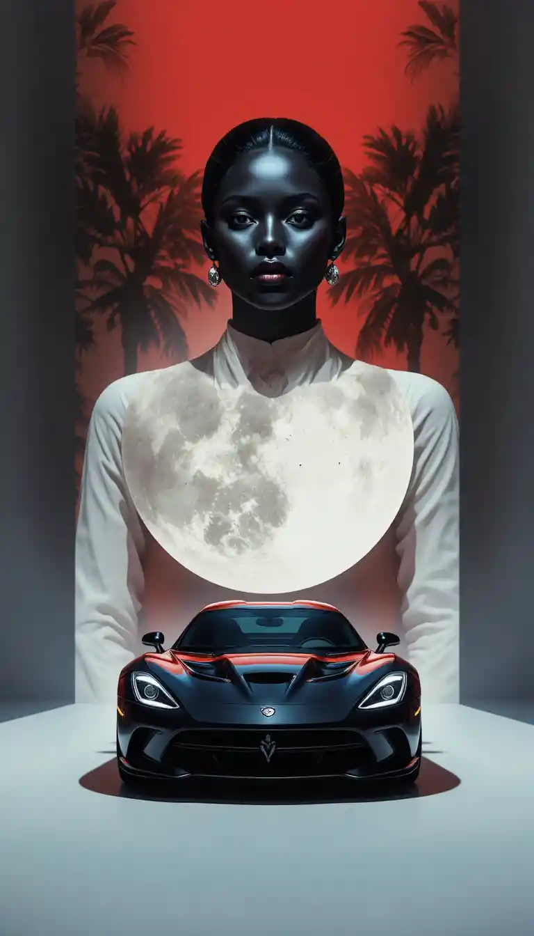 Minimalist sports car poster with moon and red gradient