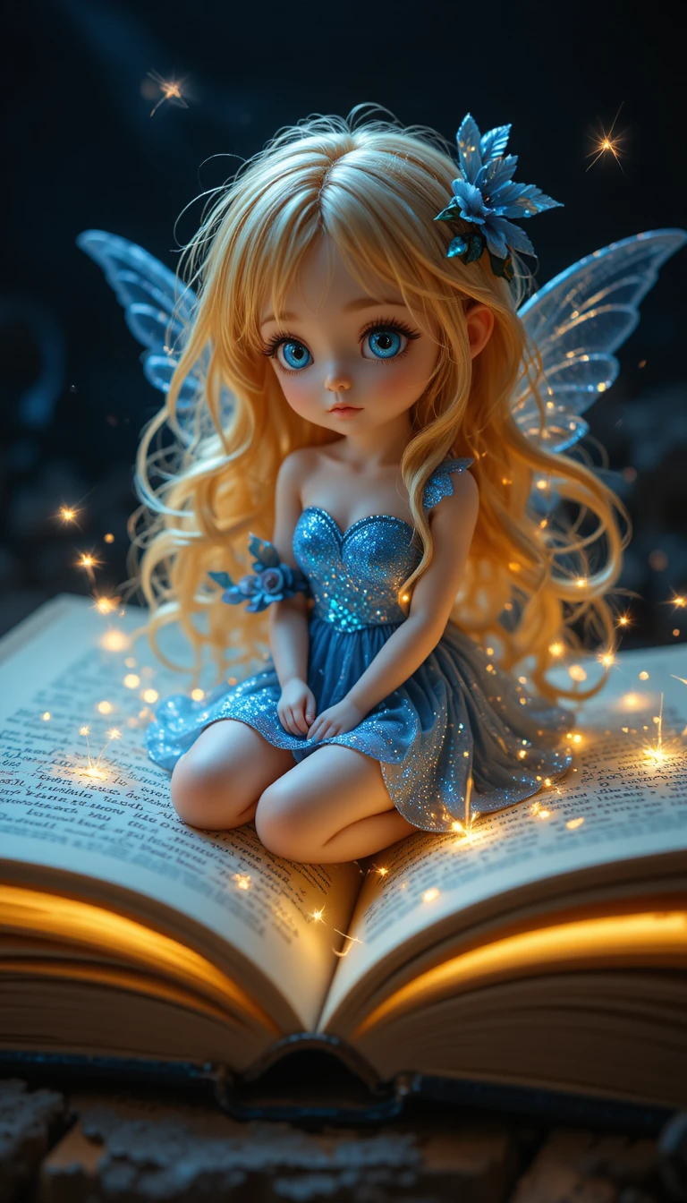 Minuscule fée blonde sur un livre magique lumineux