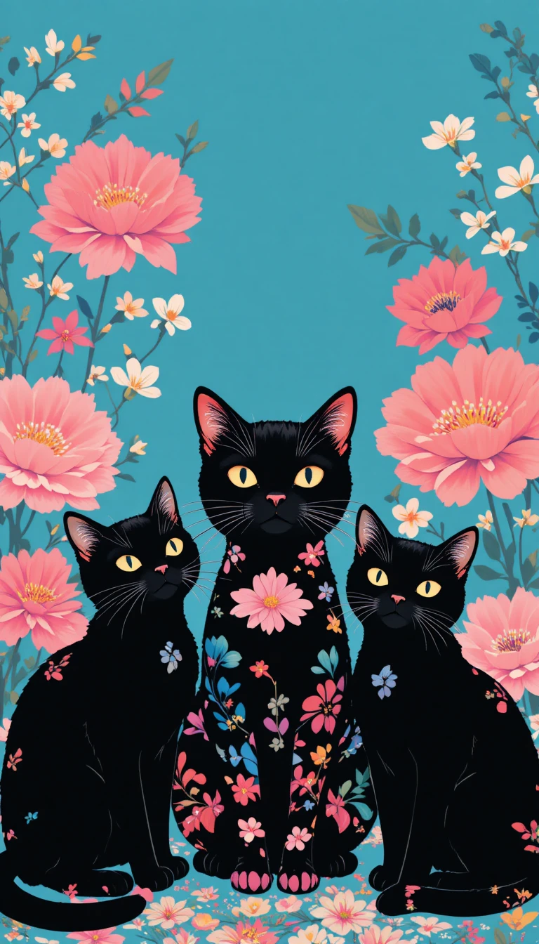 Trois chats noirs à motifs sur fond floral bleu