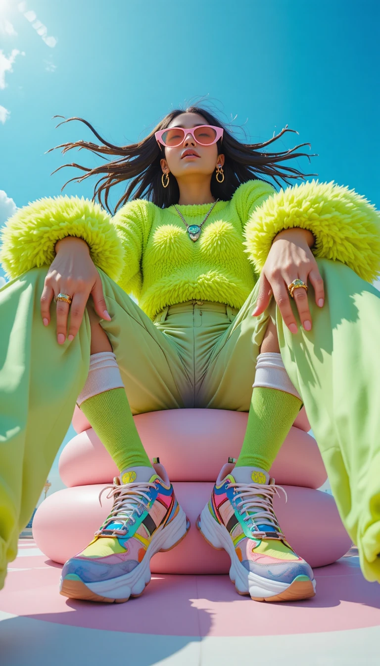 Confident woman in green sweater shot from bold low angle
