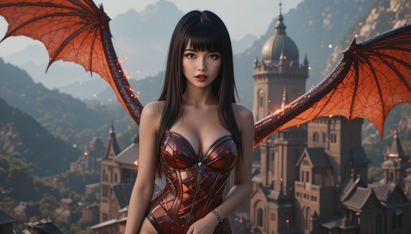 Asiatisches Mädchen im Metall-BH fliegt auf einem Drachen