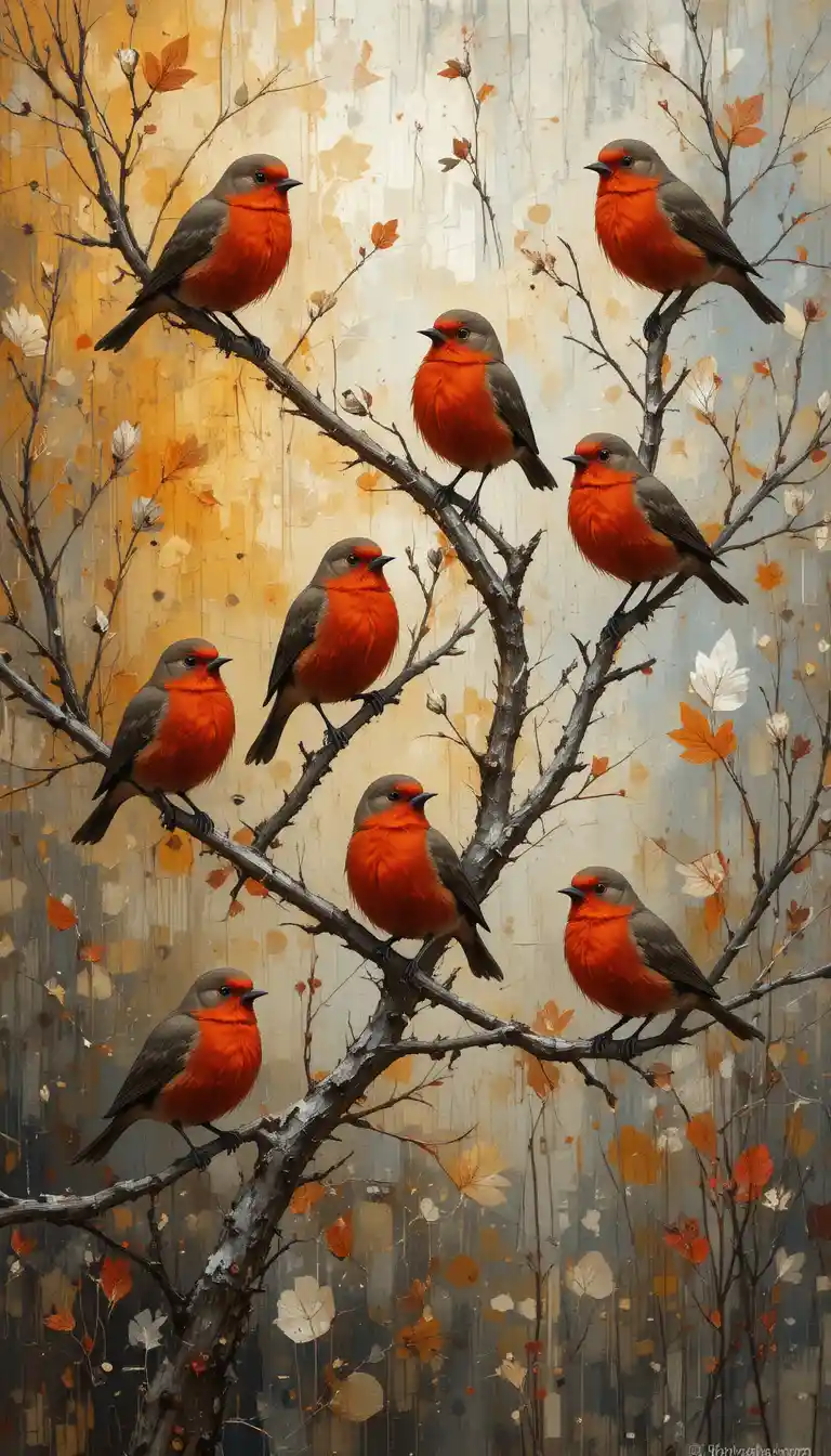 Red robins perched on branches in abstract muted background