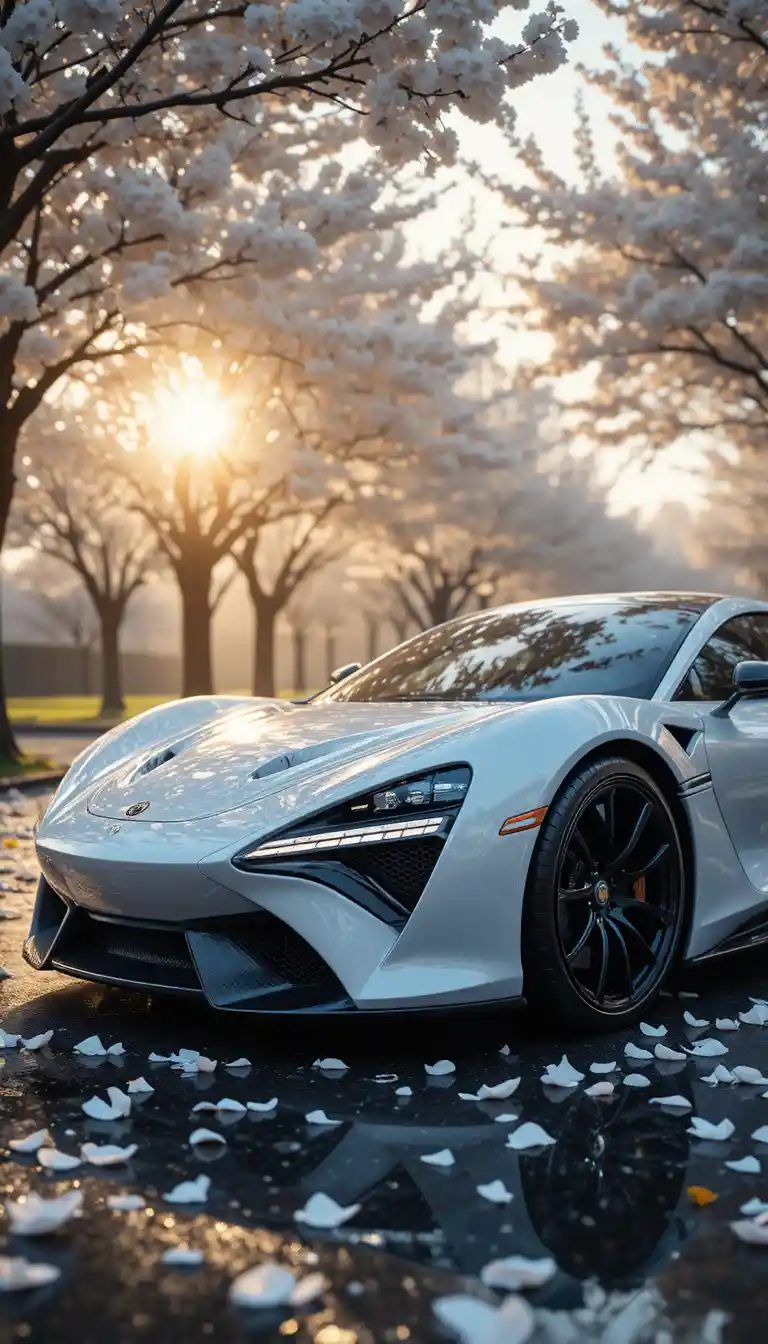White supercar under blooming cherry trees at golden hour