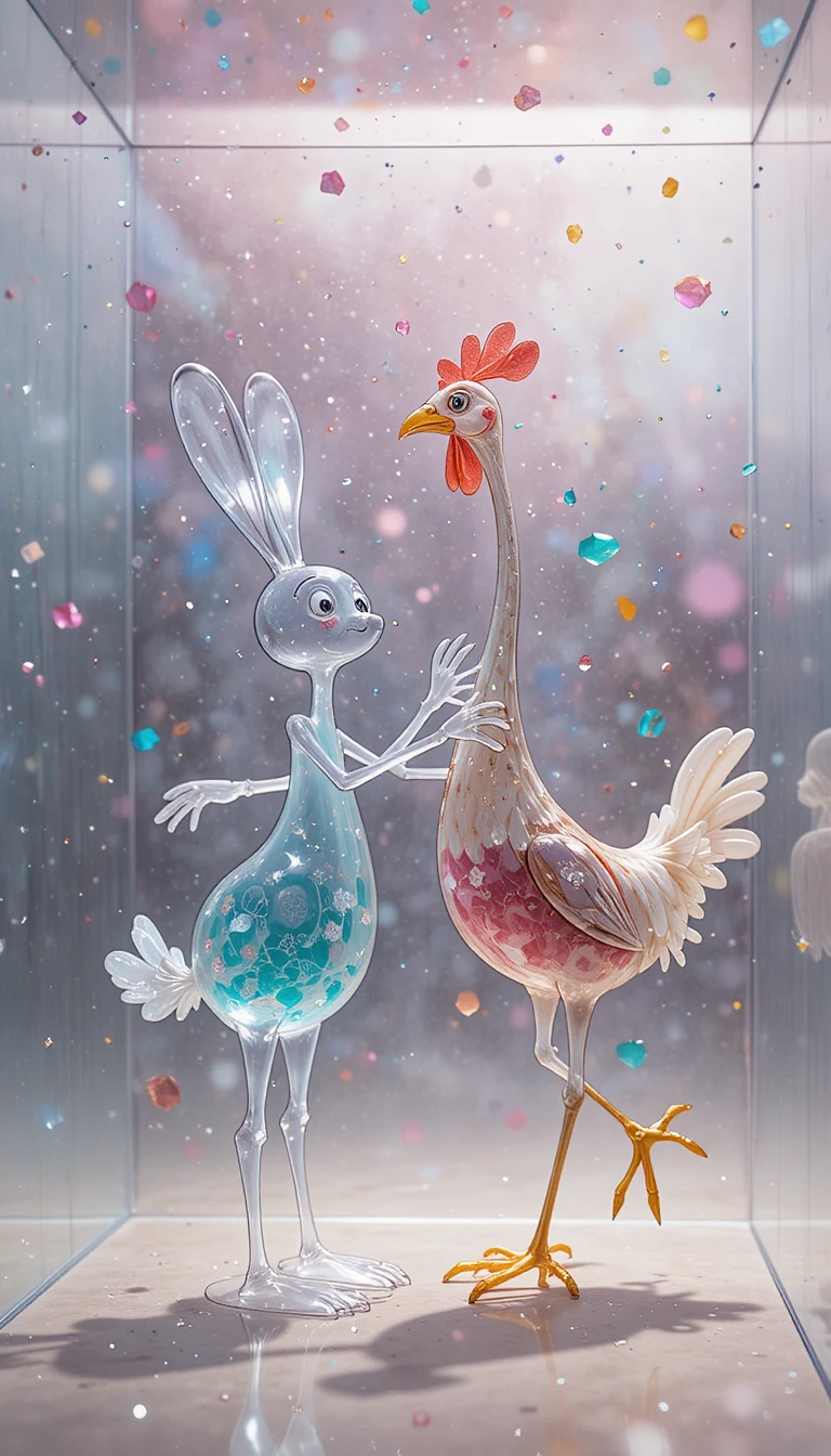 Cartoon rabbit and tall chicken dancing together playfully