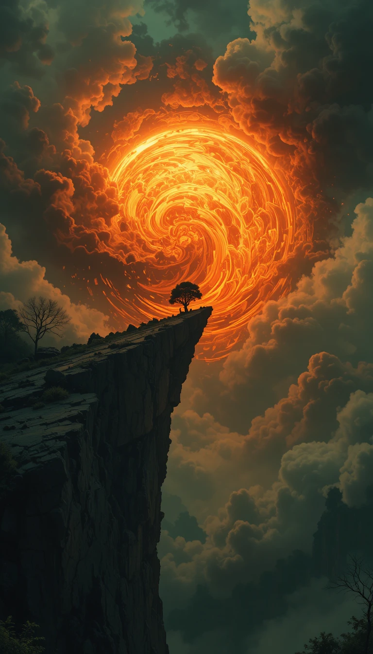 Soleil ardent au-dessus d’une falaise sous des nuages dramatiques tourbillonnants