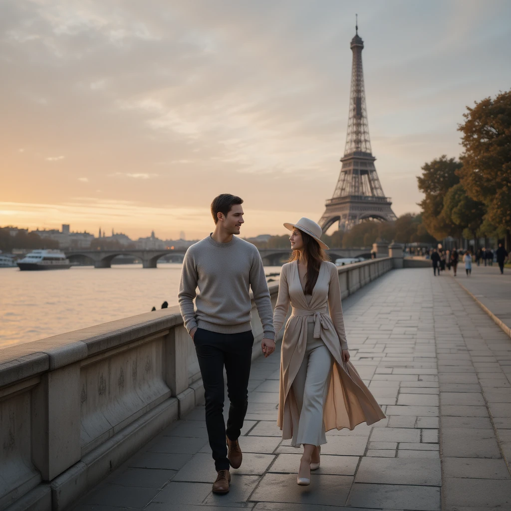 Romantic couple walking by the Seine at sunset