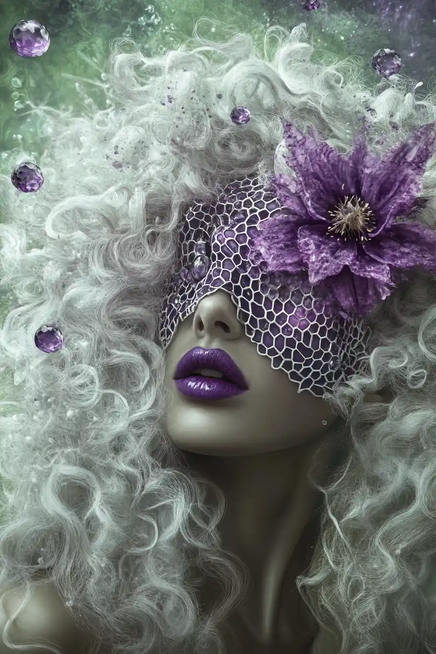 Woman with white curls in mask against trippy violet background