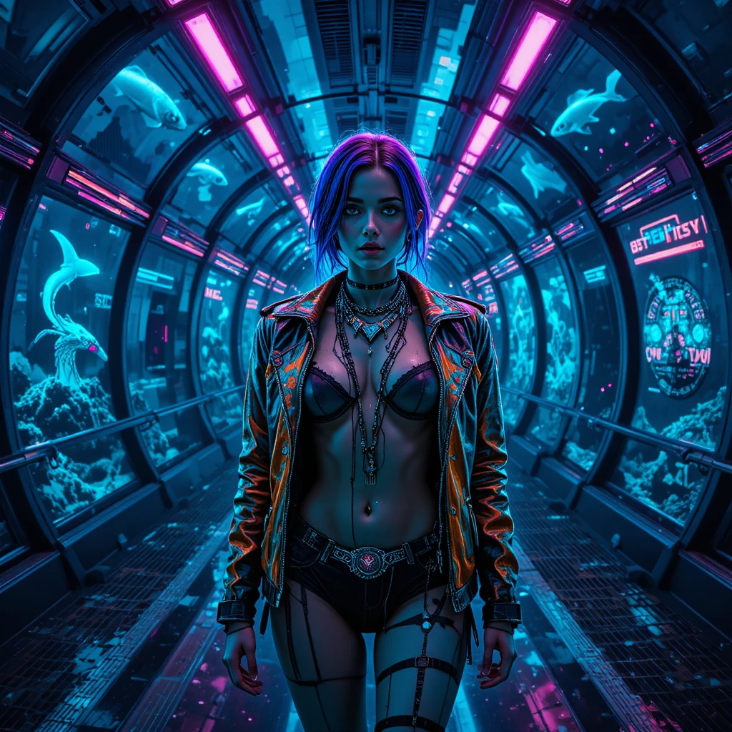 Woman in underwater metro tunnel with neon sea views