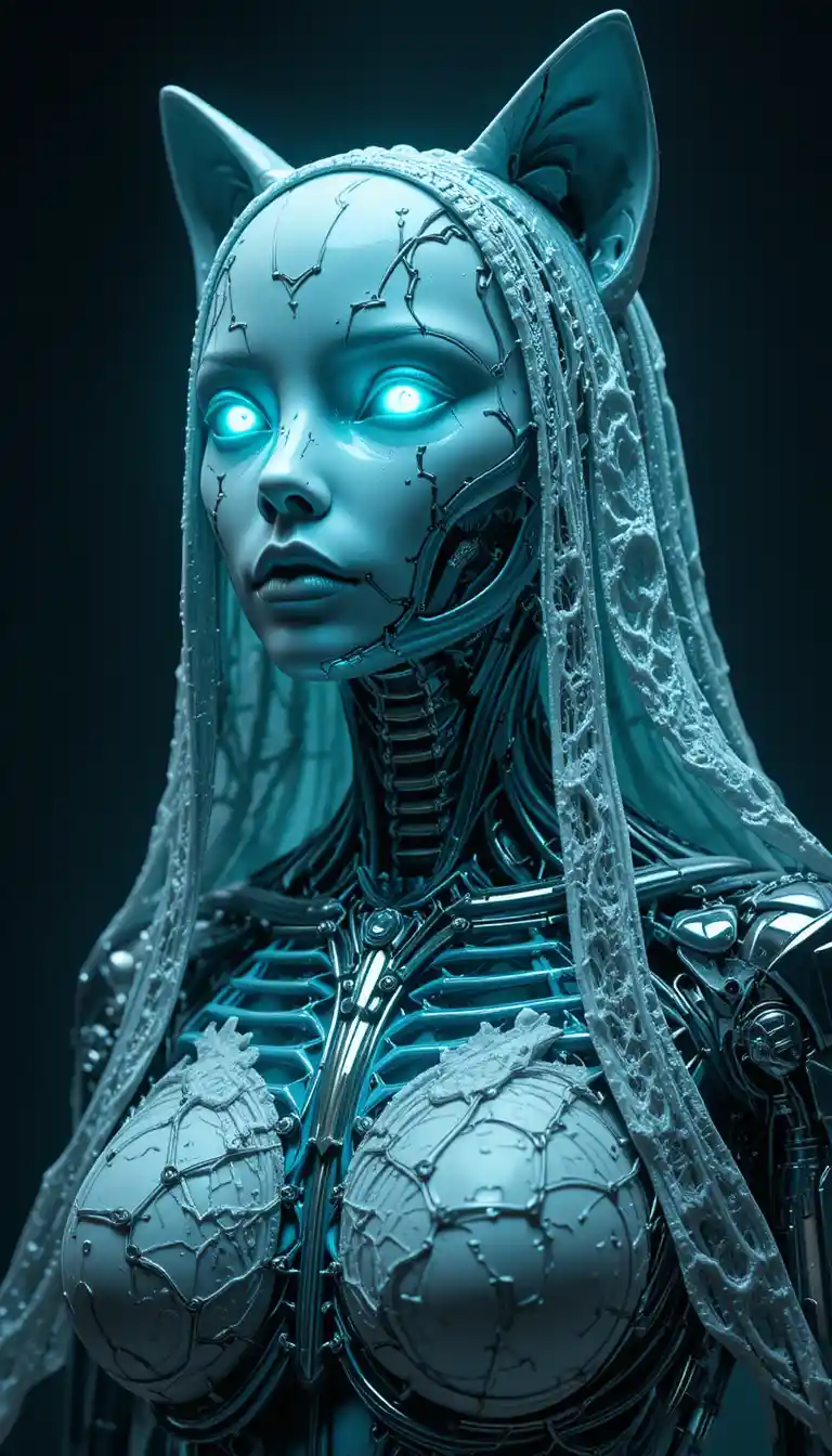 Cybernetic cat idol with porcelain face and chrome ribs