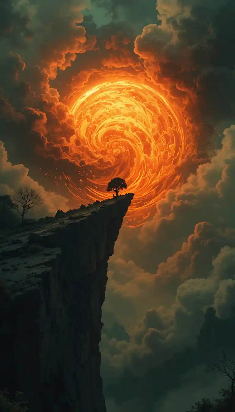 Soleil ardent au-dessus d’une falaise sous des nuages dramatiques tourbillonnants