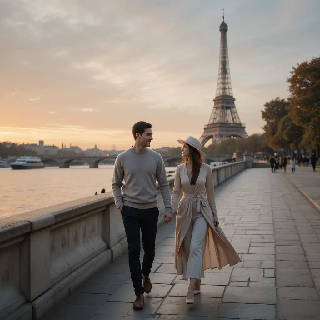 Romantic couple walking by the Seine at sunset
