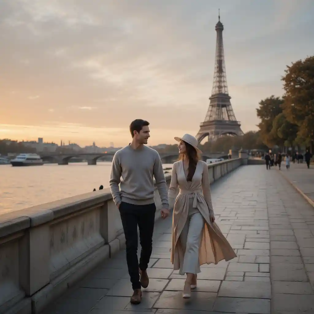 Romantic couple walking by the Seine at sunset
