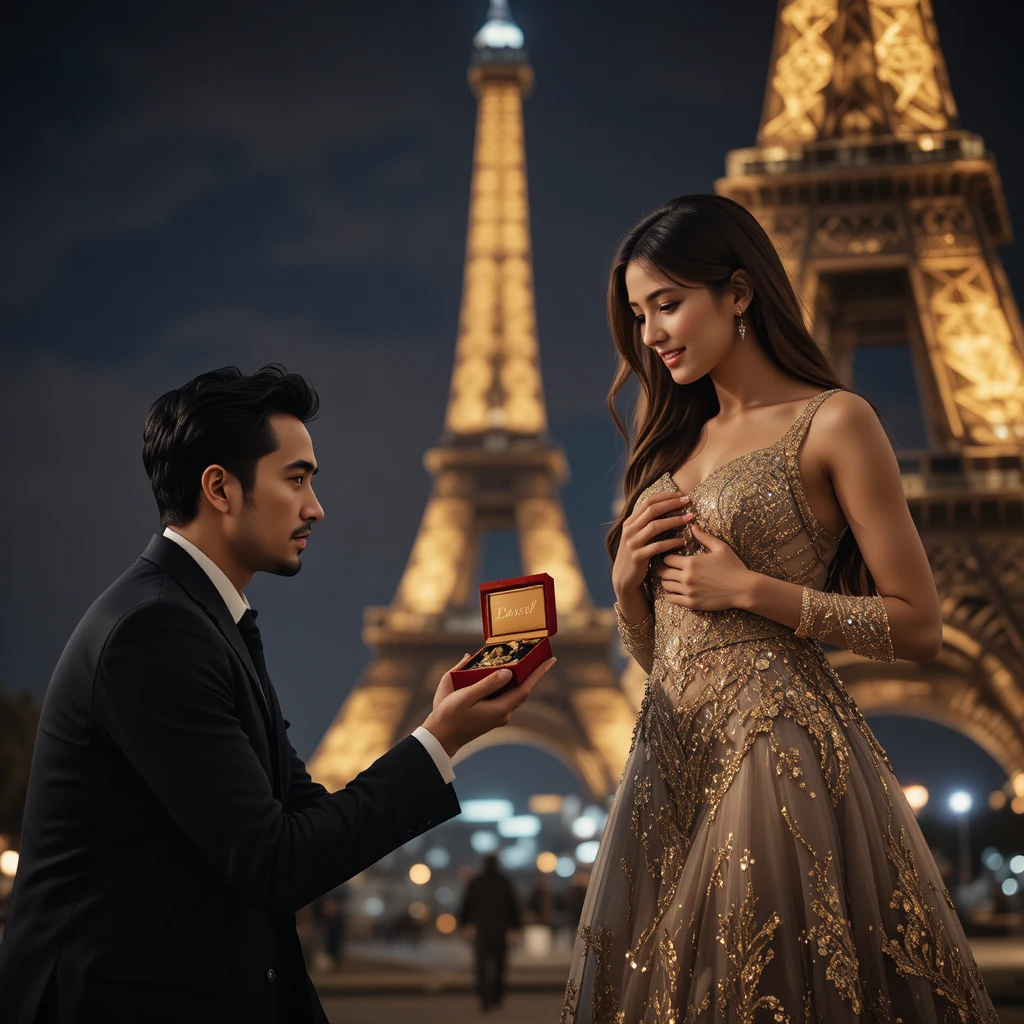 Demande en mariage romantique d’un couple près de la tour Eiffel la nuit