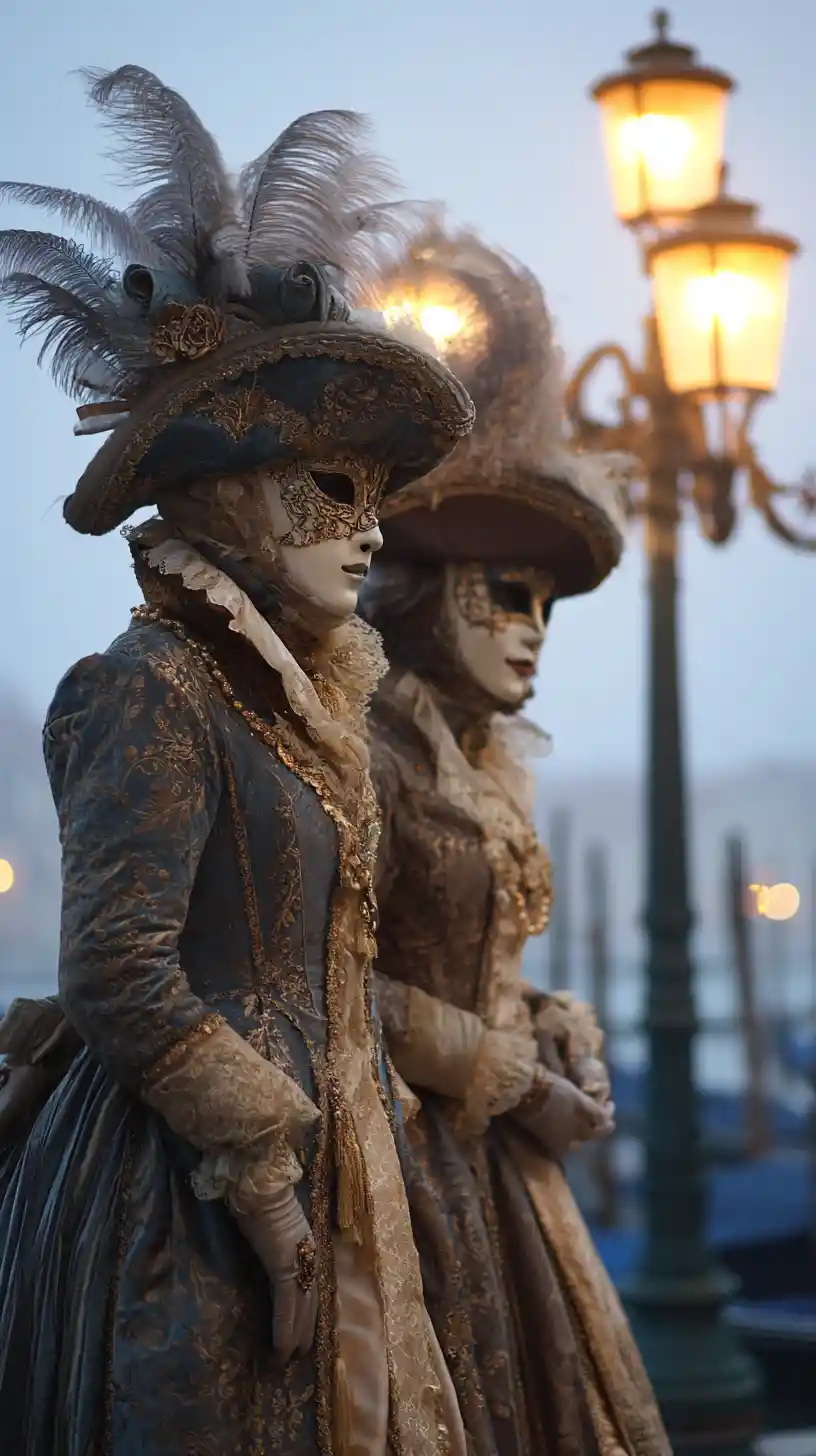 Venezianische Adelige in barocken Kostümen auf dem Markusplatz