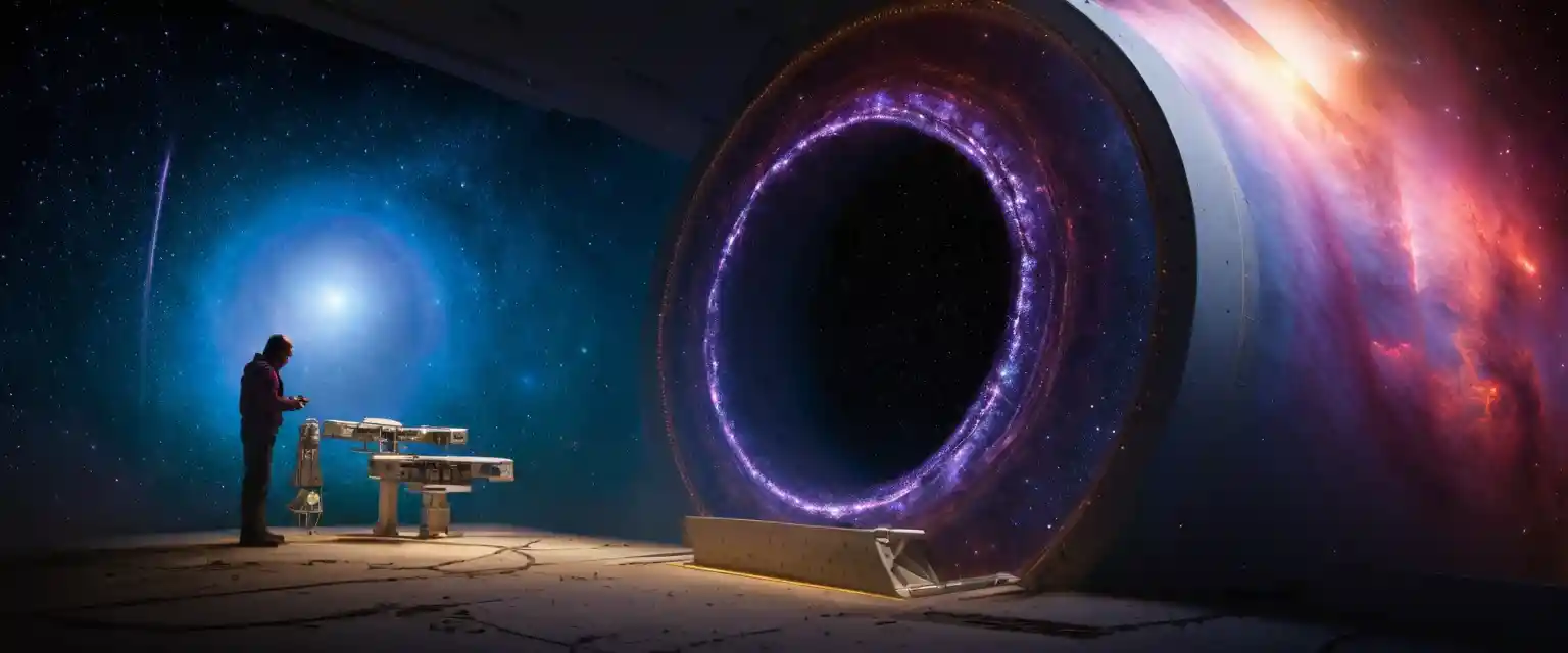 Estación espacial futurista flotando en el borde de una nebulosa