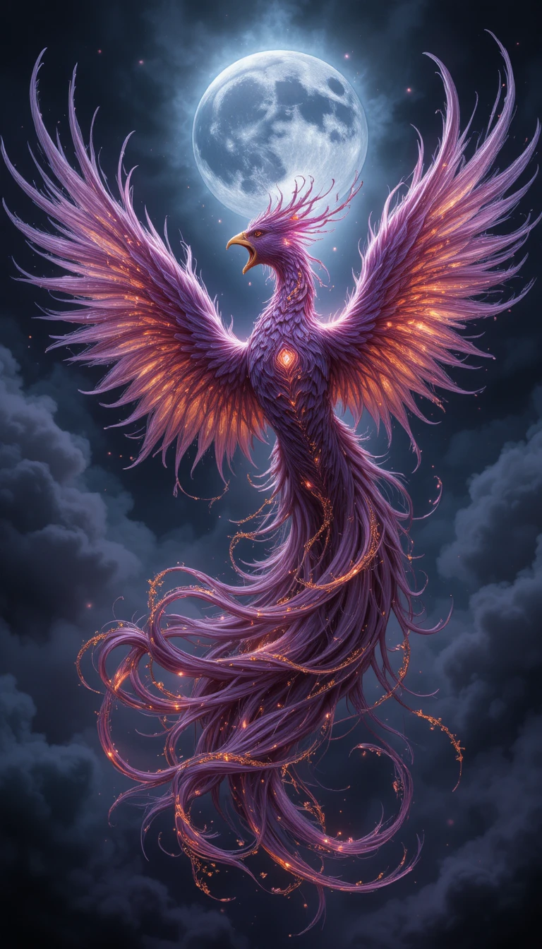 Majestic phoenix rising from ashes under a glowing full moon
