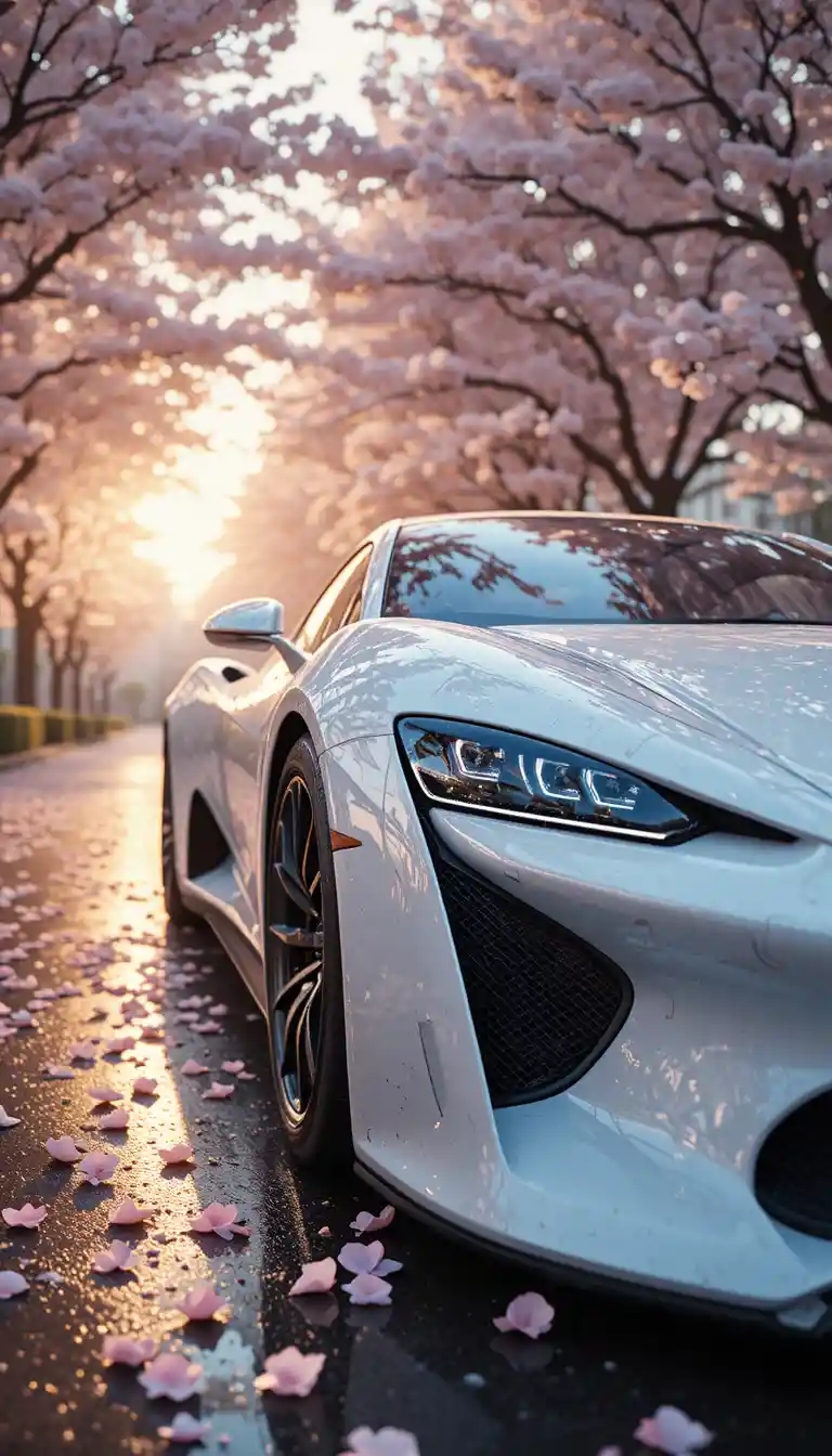 Futuristic white supercar under cherry blossoms at sunset