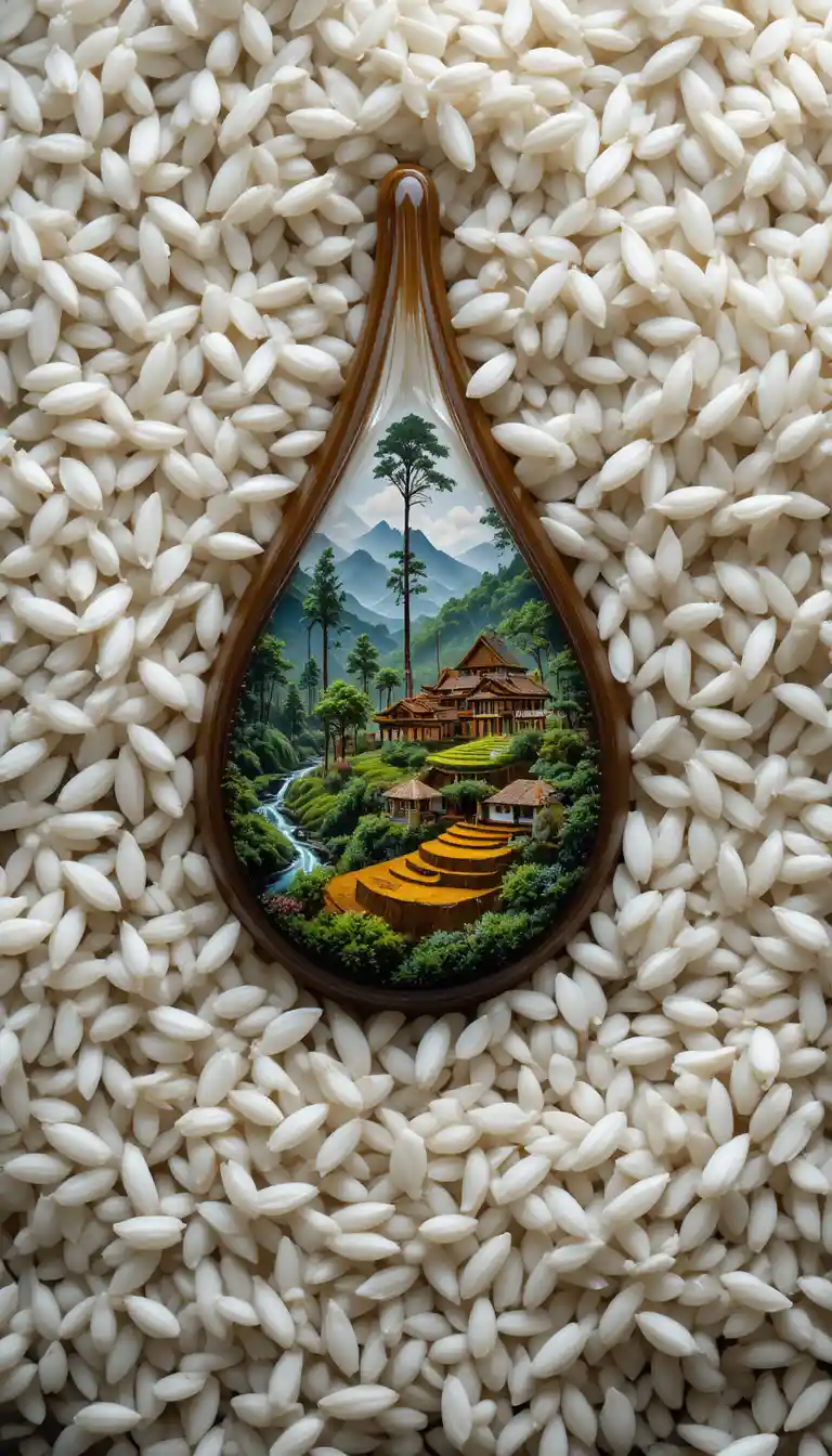 Macro soy sauce drop revealing miniature rice terrace landscape