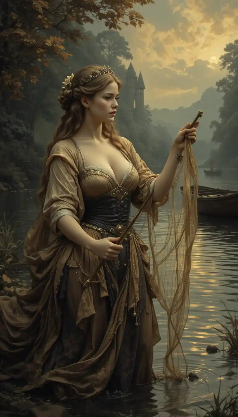 Young woman fishing with a net on a dark lake