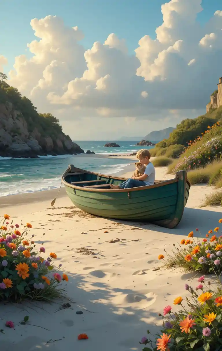 Boy with kitten in a green rowboat at sunset beach