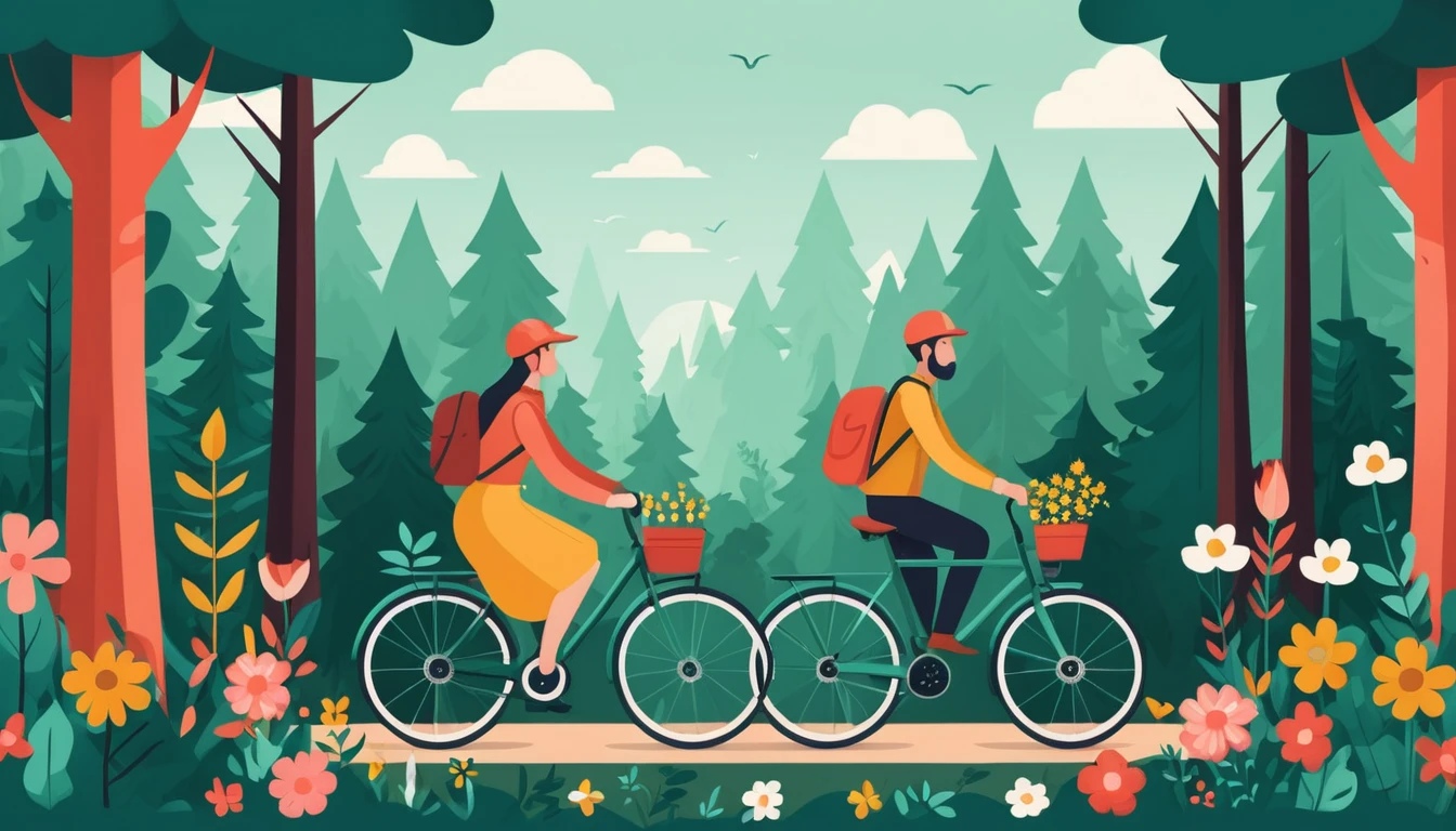 Ciclistas recorriendo un bosque de diseño plano con flores silvestres
