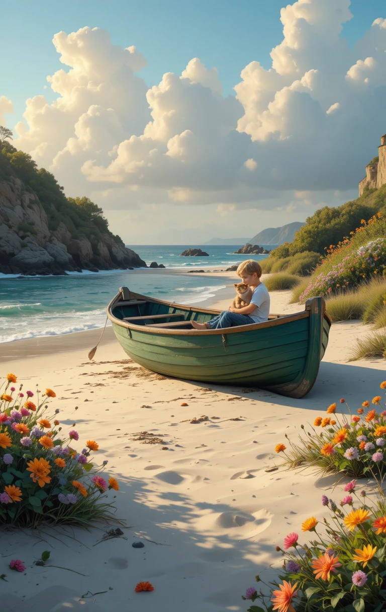 Niño con gatito en bote verde en la playa al atardecer