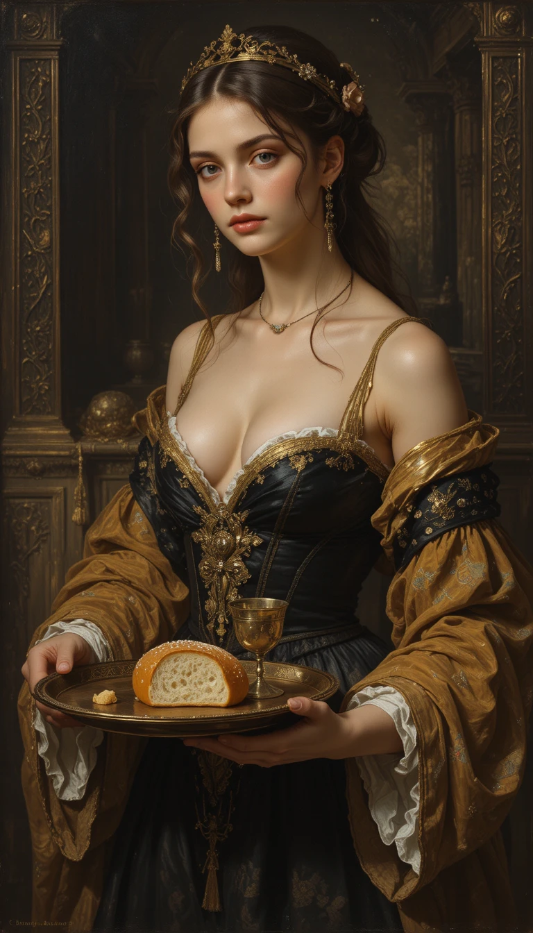 Young woman in historical dress offering bread and wine
