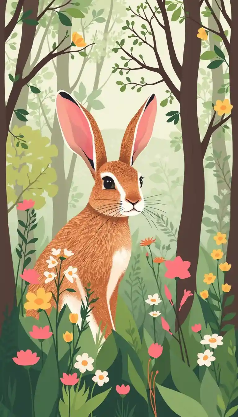 Flat forest illustration with a rabbit in overalls