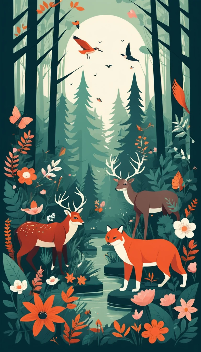 Ilustração em flat design de floresta com flores silvestres e vida selvagem