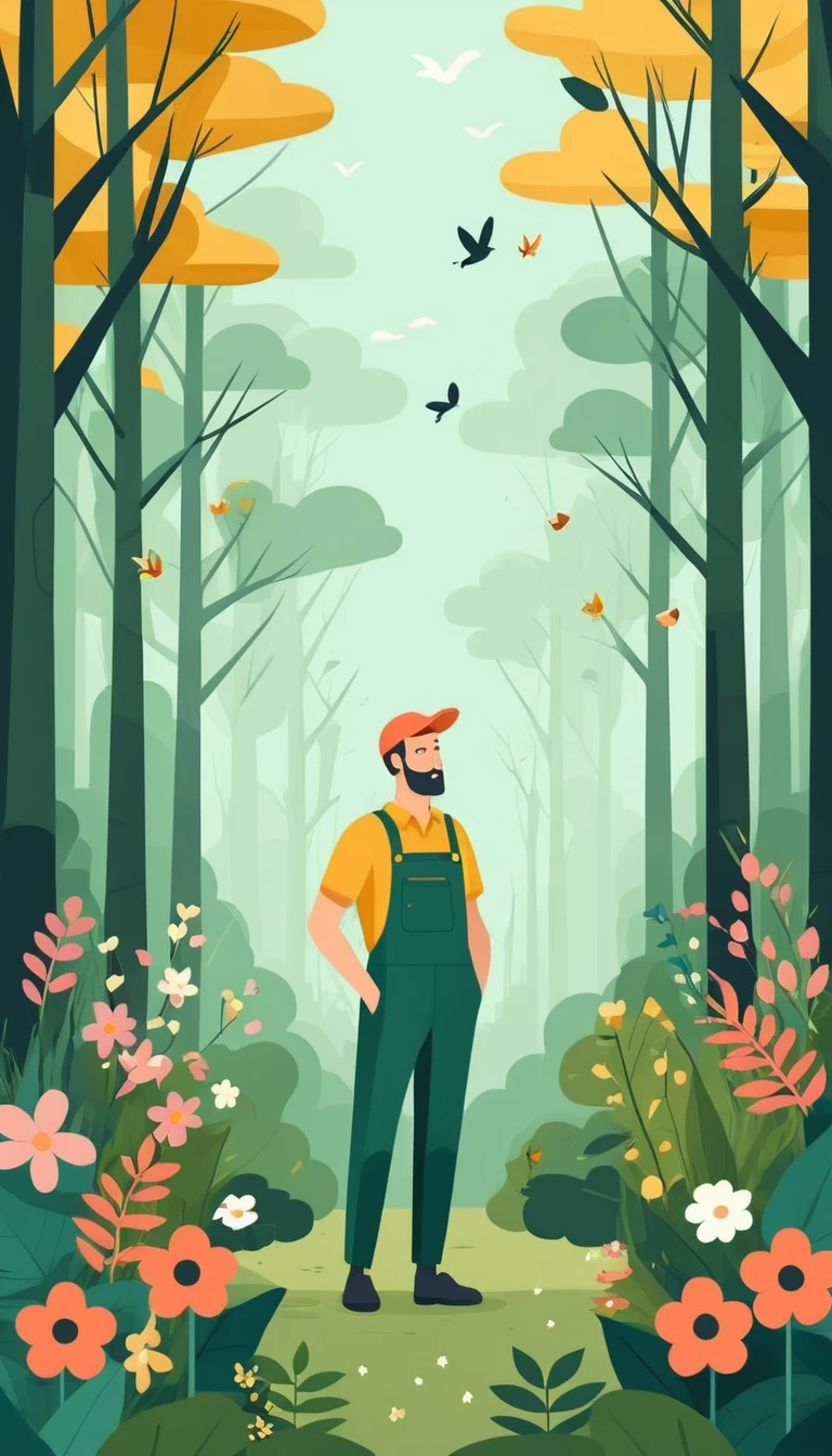 Flat design squirrel in overalls in a wildflower forest