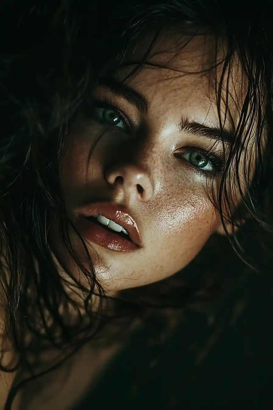 Woman with intense green eyes in dramatic close up portrait