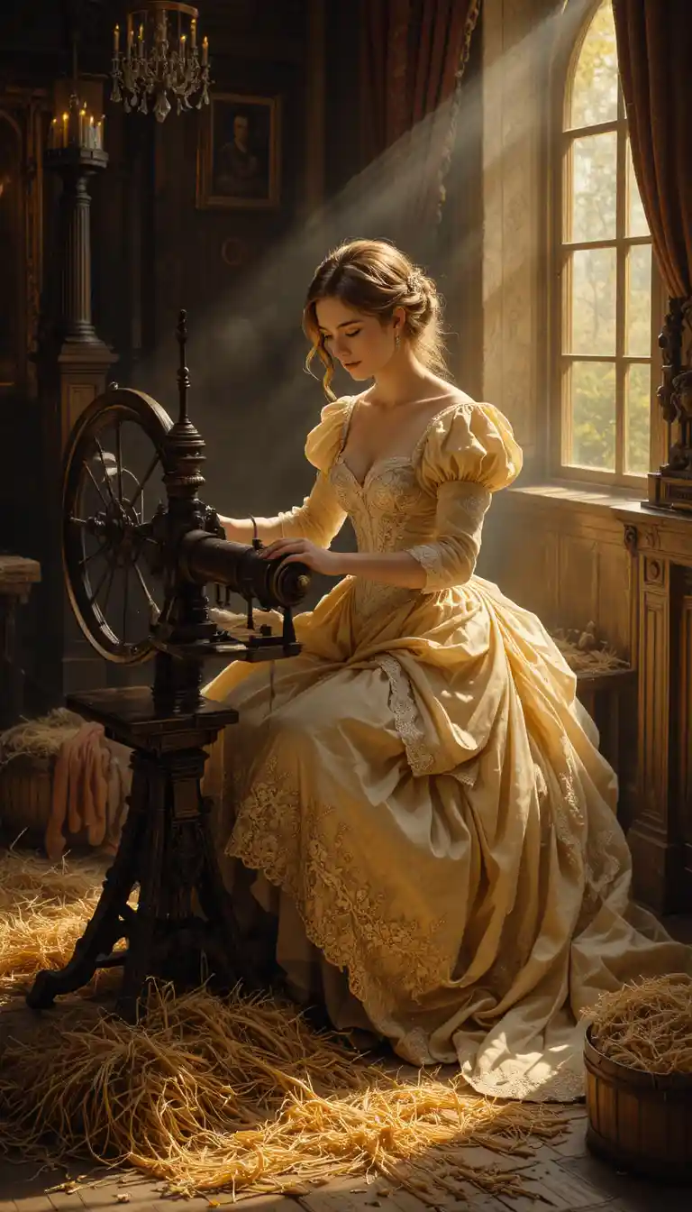 Young bride at a spinning wheel in dramatic baroque light