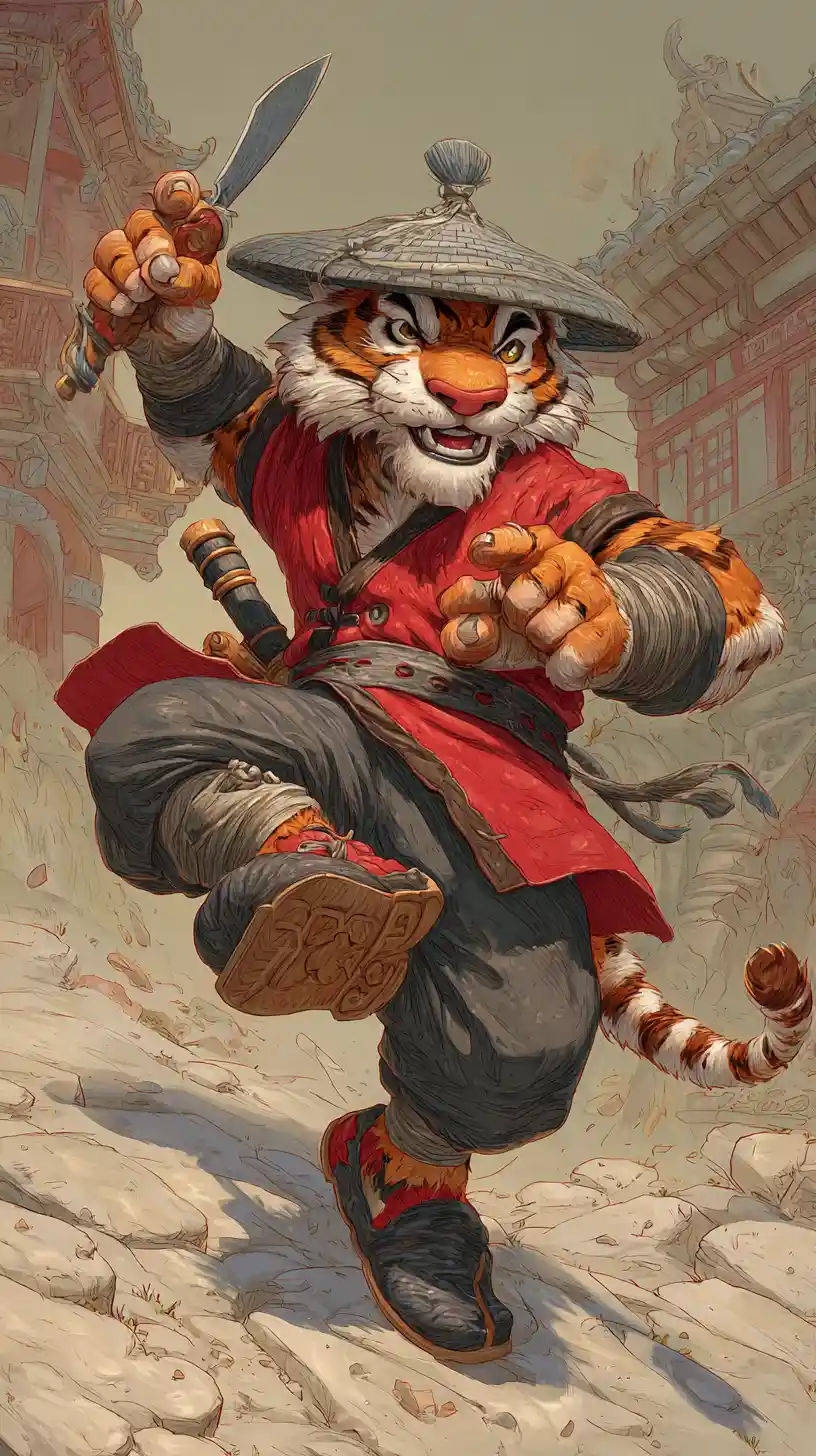 Anthropomorphic tiger training with nunchaku in Chinese courtyard