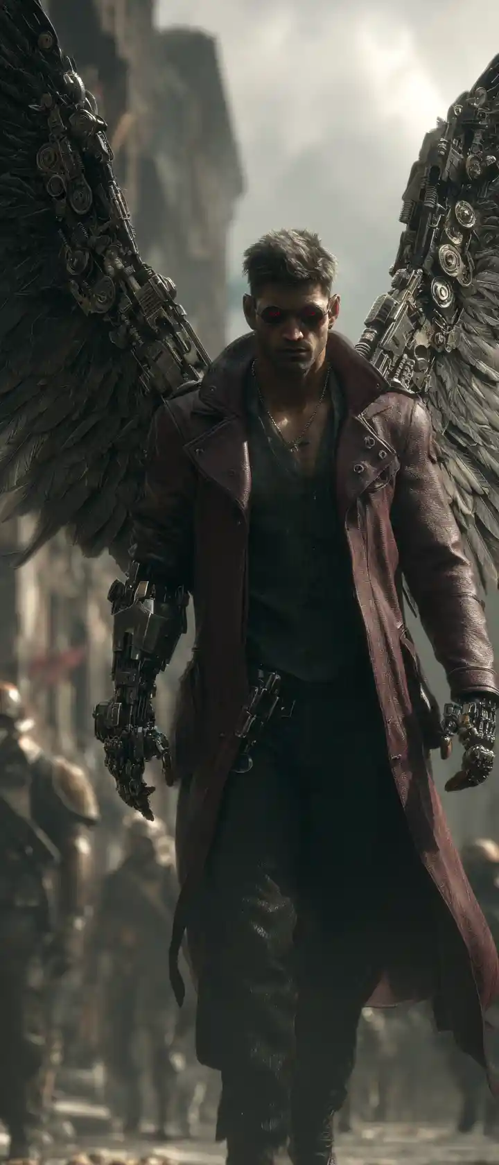 Fallen angel warrior with mechanical wings in ruins
