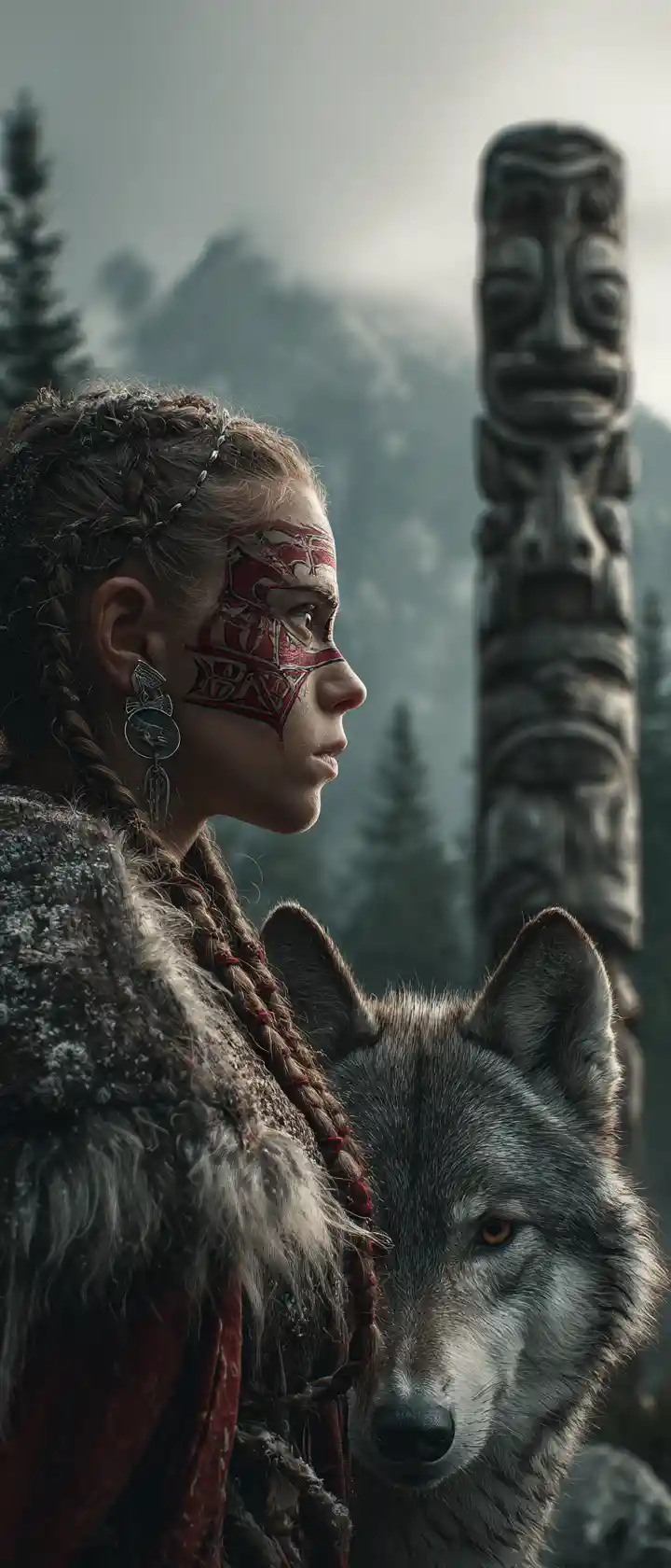 Tribal woman in profile with wolf and totem pole