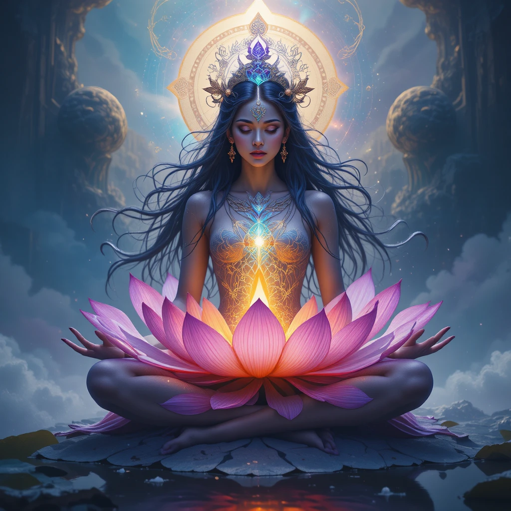 Deva verschmilzt mit strahlender Kronenchakra-Lotusblüte