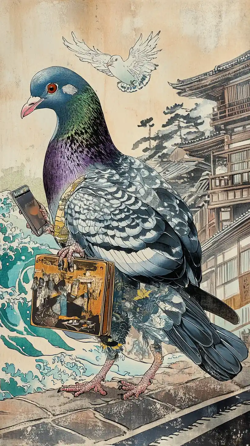 Colomba giocosa in stile ukiyo-e che passeggia per le antiche strade di Edo