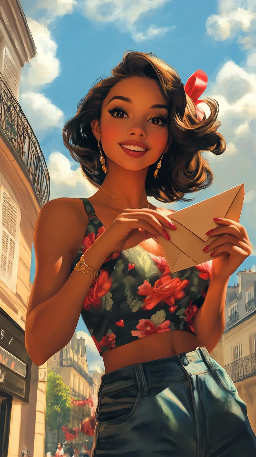 Cheerful young woman with love letter on Paris street