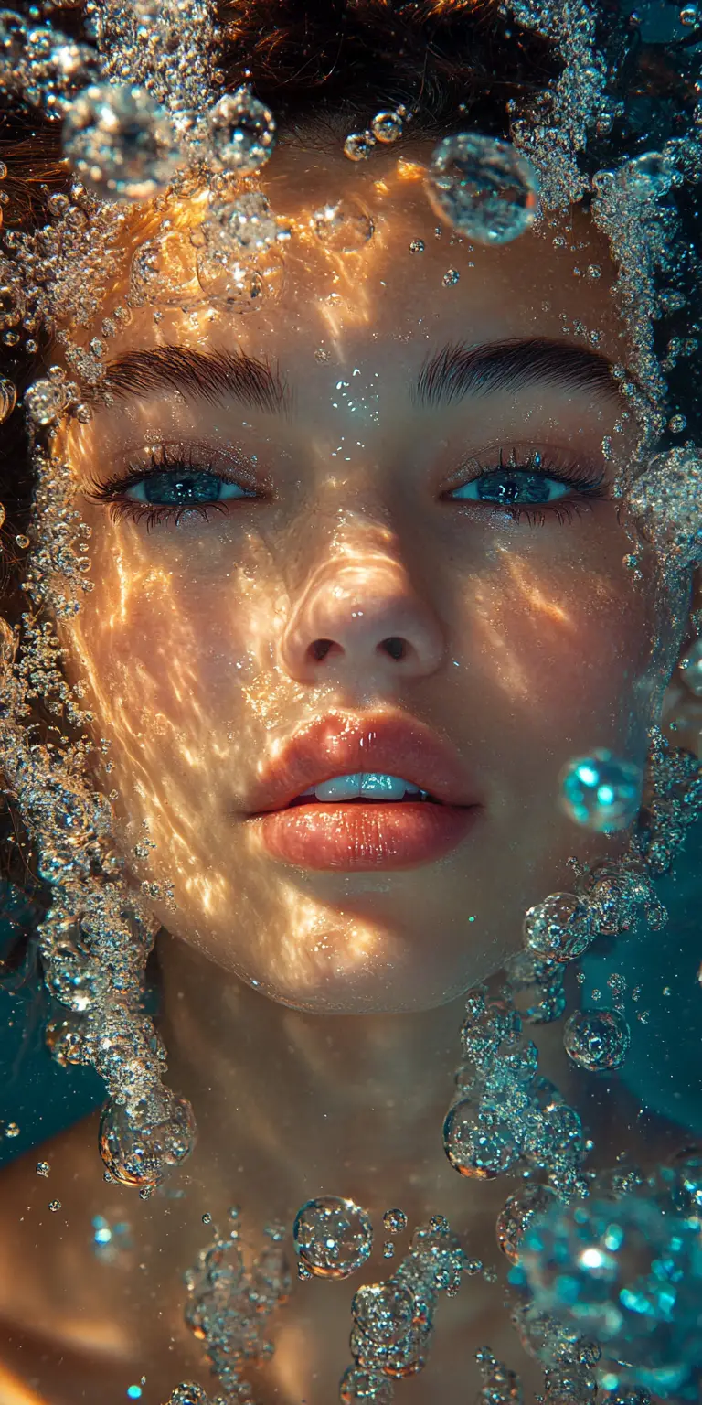 Close-up of a woman's face submerged in water with sunlight and many air bubbles.