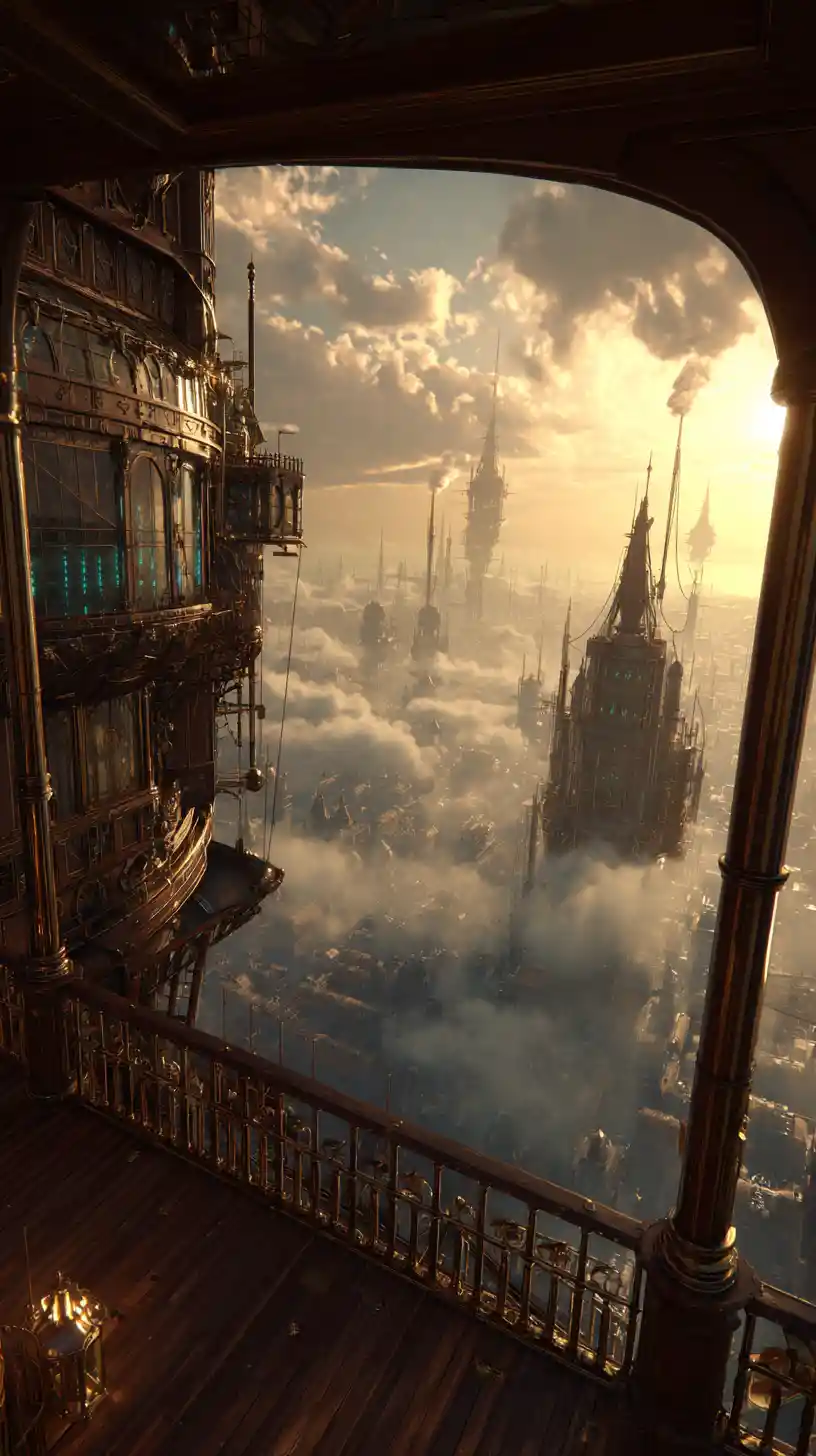 Steampunk airship overlooking a towering brass and wood city