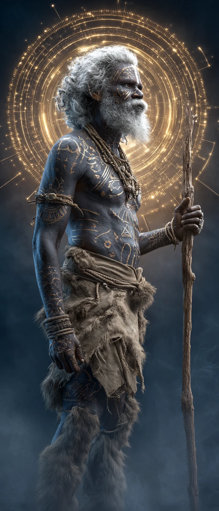 Ancient tribal warrior sage with glowing sacred markings