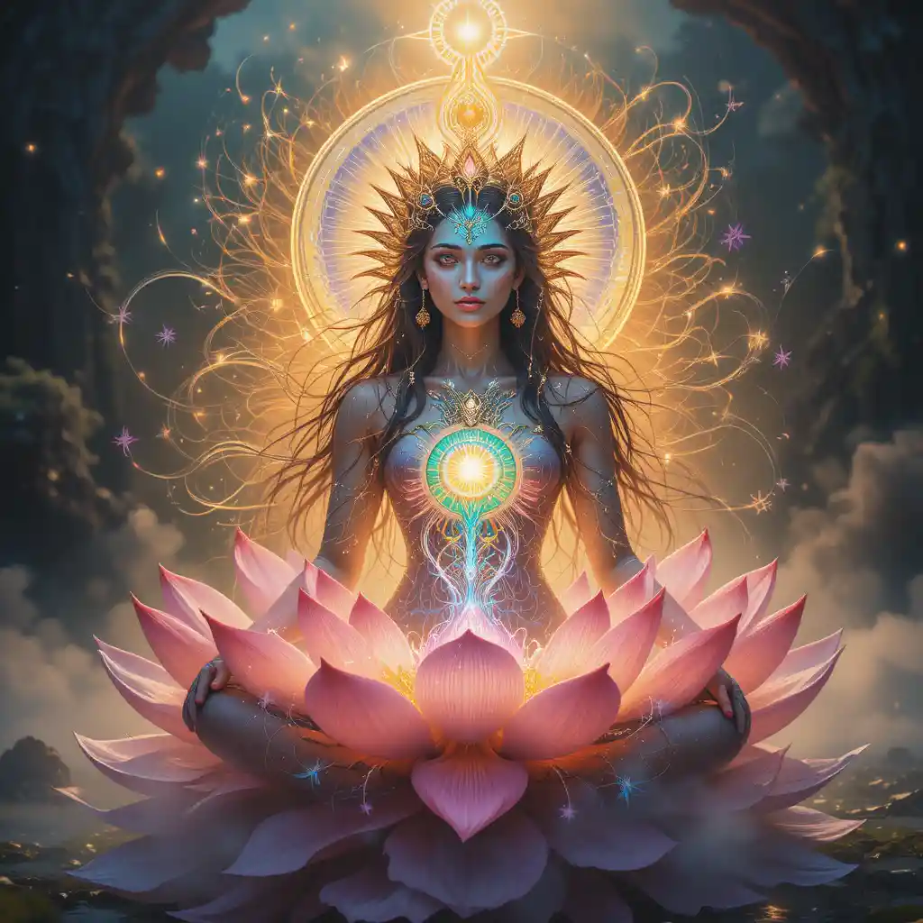 Mystische Deva, die mit einem strahlenden Kronenchakra-Lotus verschmilzt