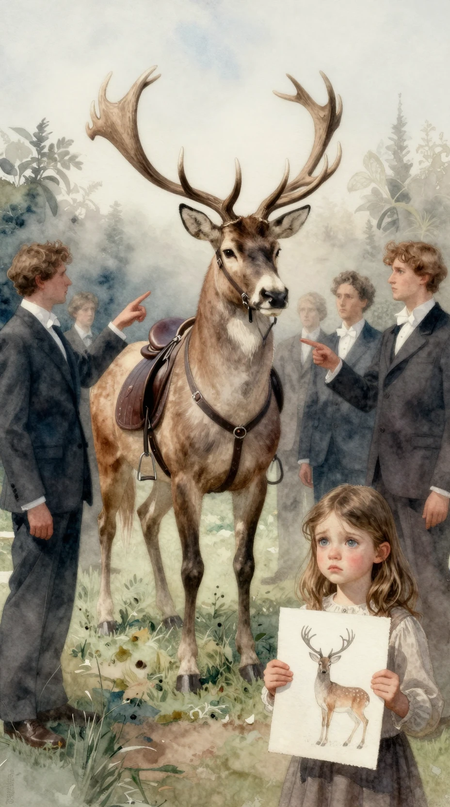 Surreal watercolor stag saddled like a horse in misty garden