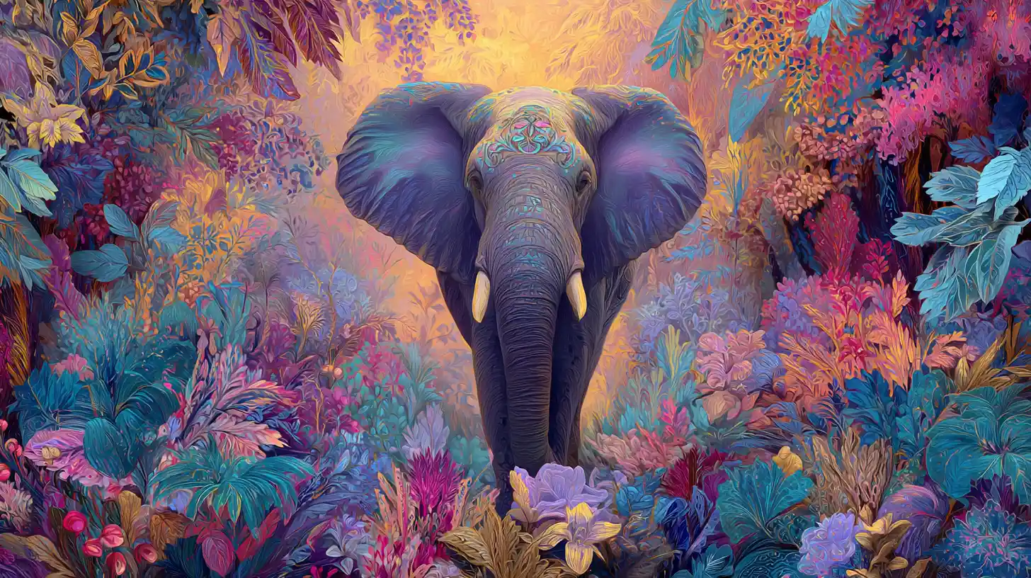 Elephant Standing In A Lush Colorful Dreamlike Savannah