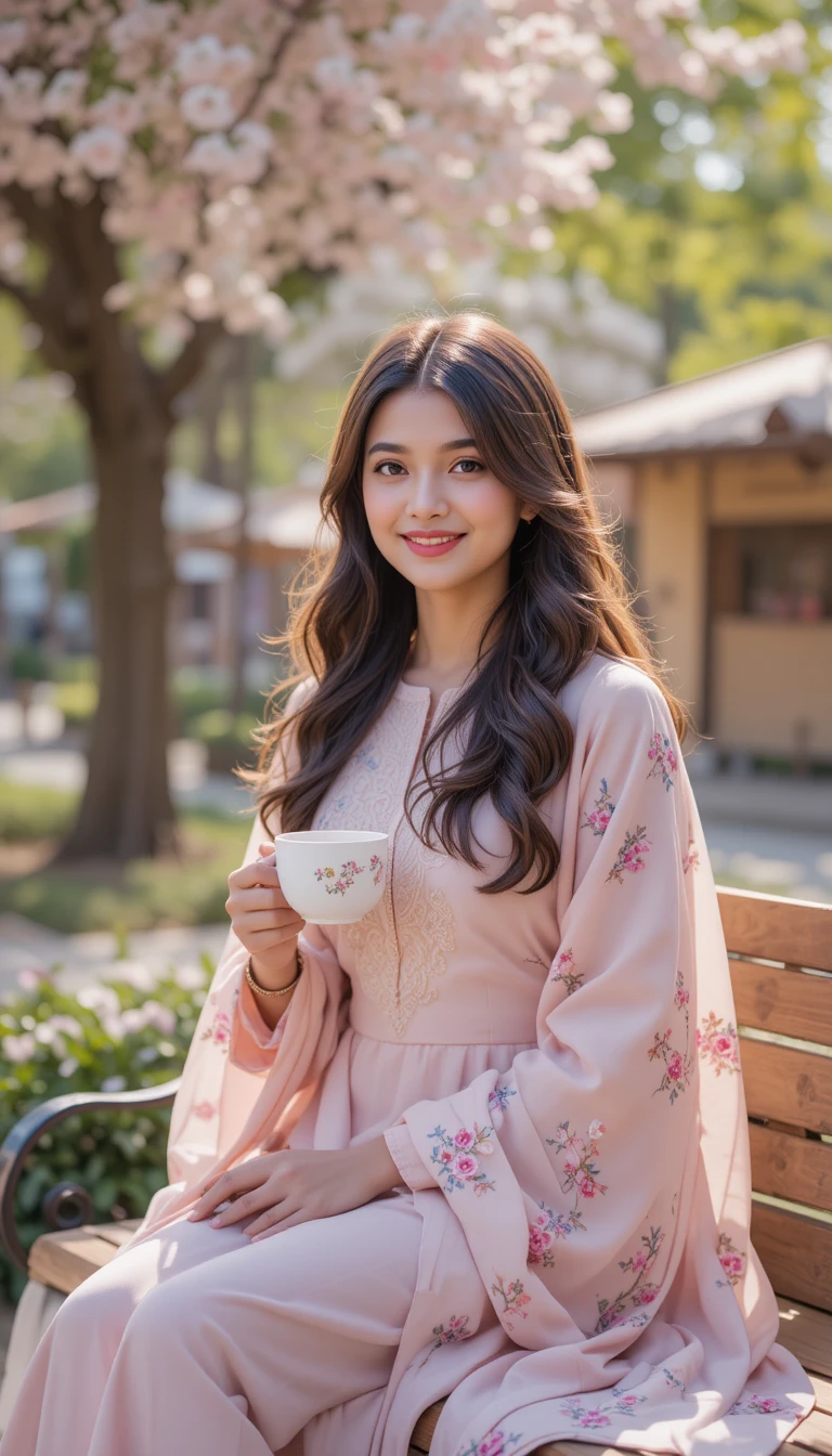 Chica pakistaní con shalwar kameez rosa disfrutando de un chai al aire libre