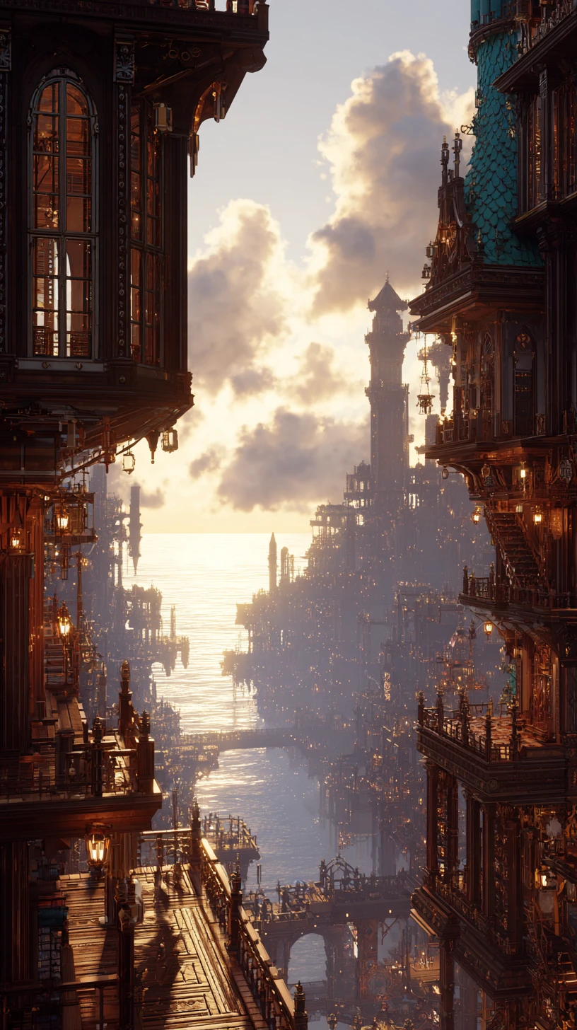 Majestuosa ciudad steampunk que se alza más allá de la cubierta de un dirigible volador