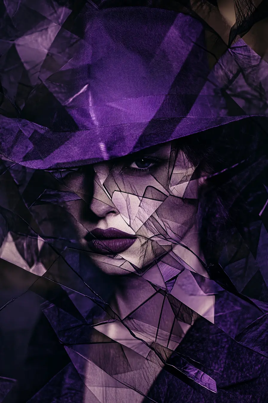 Ritratto cubista di una donna misteriosa con fedora viola