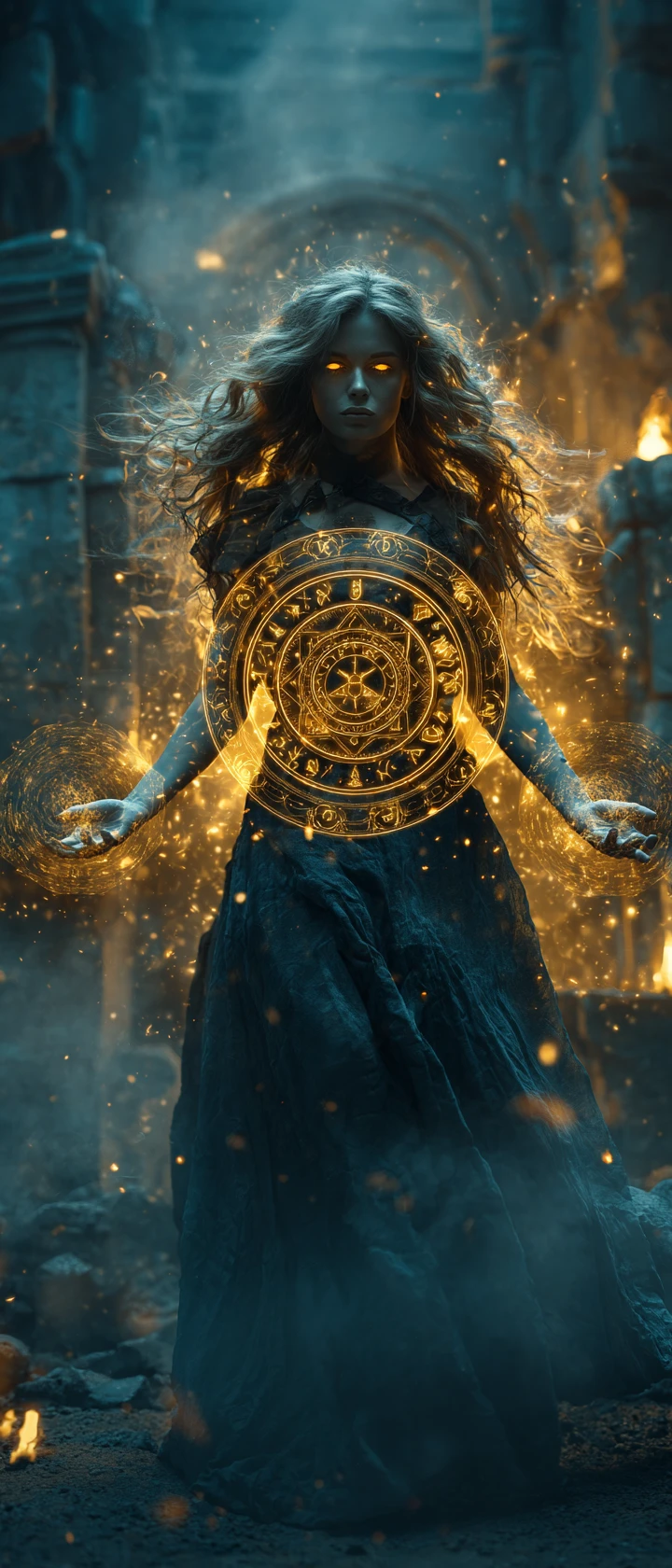 Dark sorceress casting a glowing spell in ancient ruins